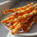 A close-up of several golden, twisted spicy Southern cheese straws piled on a white plate.