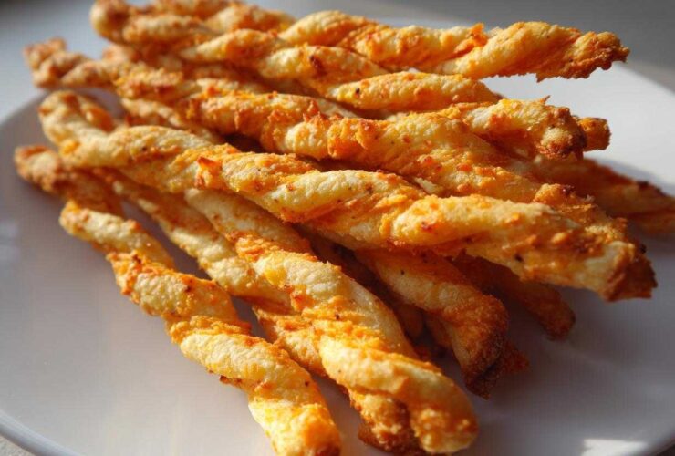A close-up of a stack of golden, twisted, spicy Southern cheese straws resting on a white plate.