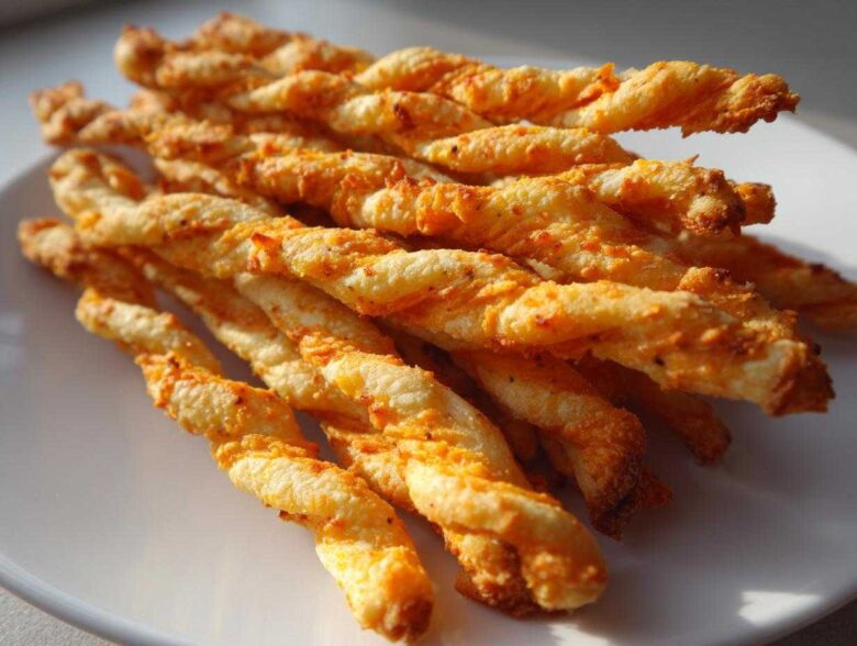 A close-up of a stack of golden, twisted, spicy Southern cheese straws resting on a white plate.
