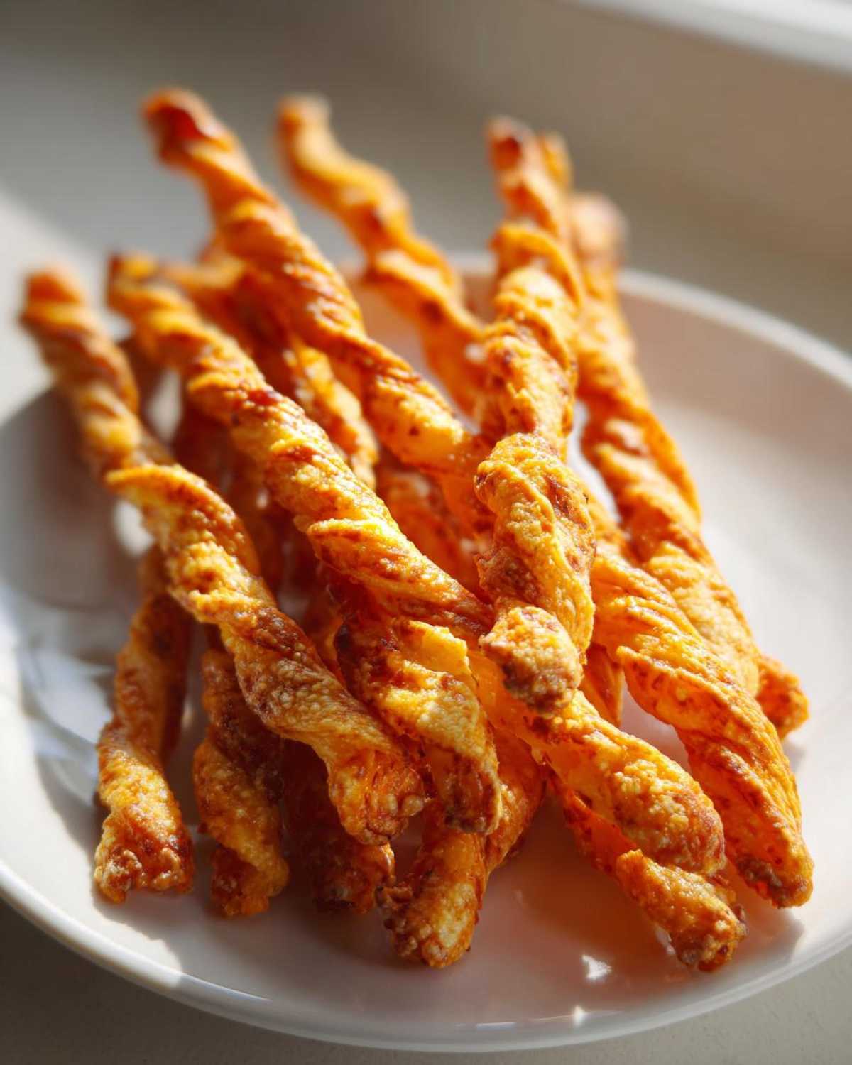 A close-up of several crispy, golden-orange twisted cheese straws piled on a white plate, highlighting their texture.