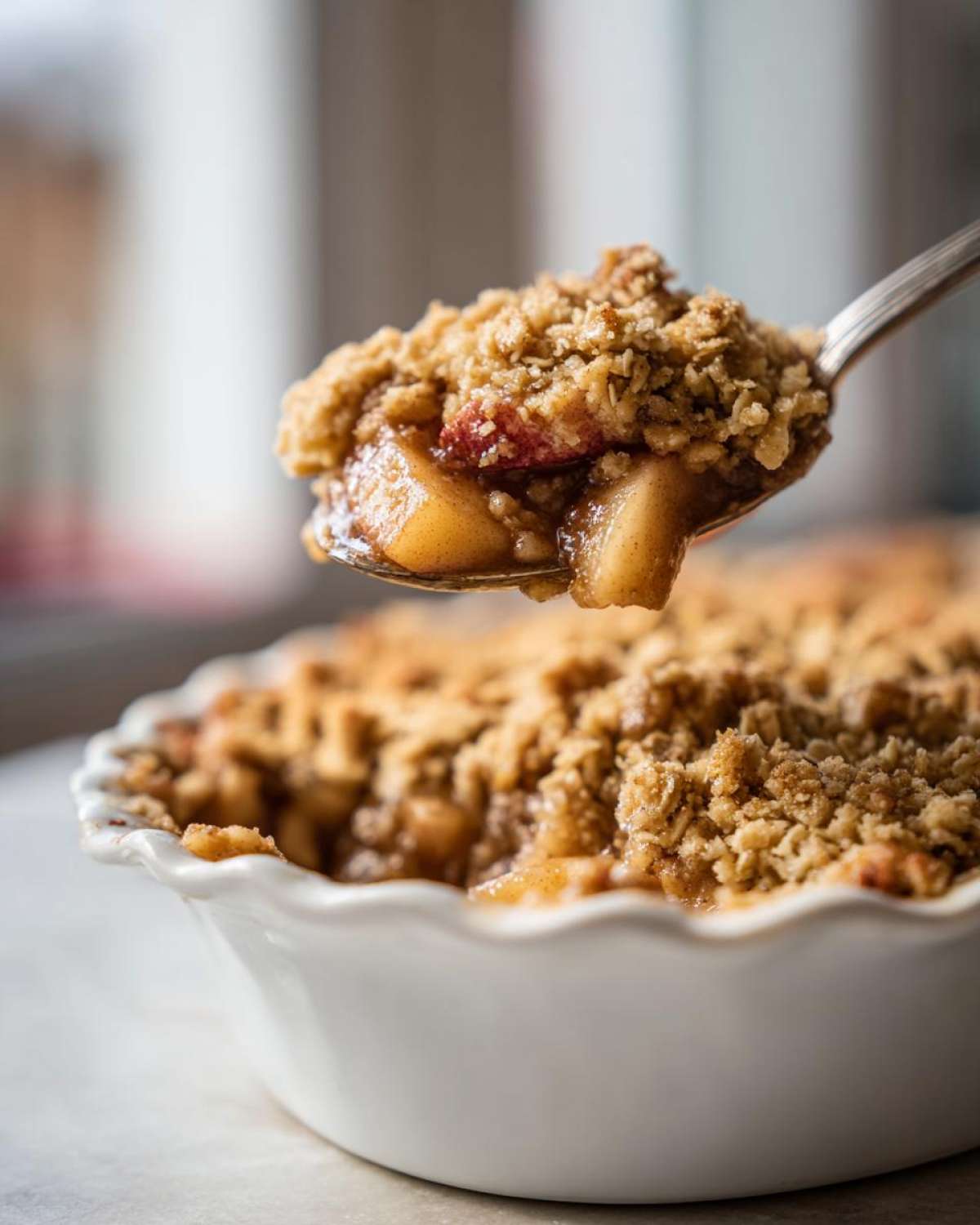 A spoonful of warm, gooey filling and crunchy topping lifted from a serving of apple crisp recipe.