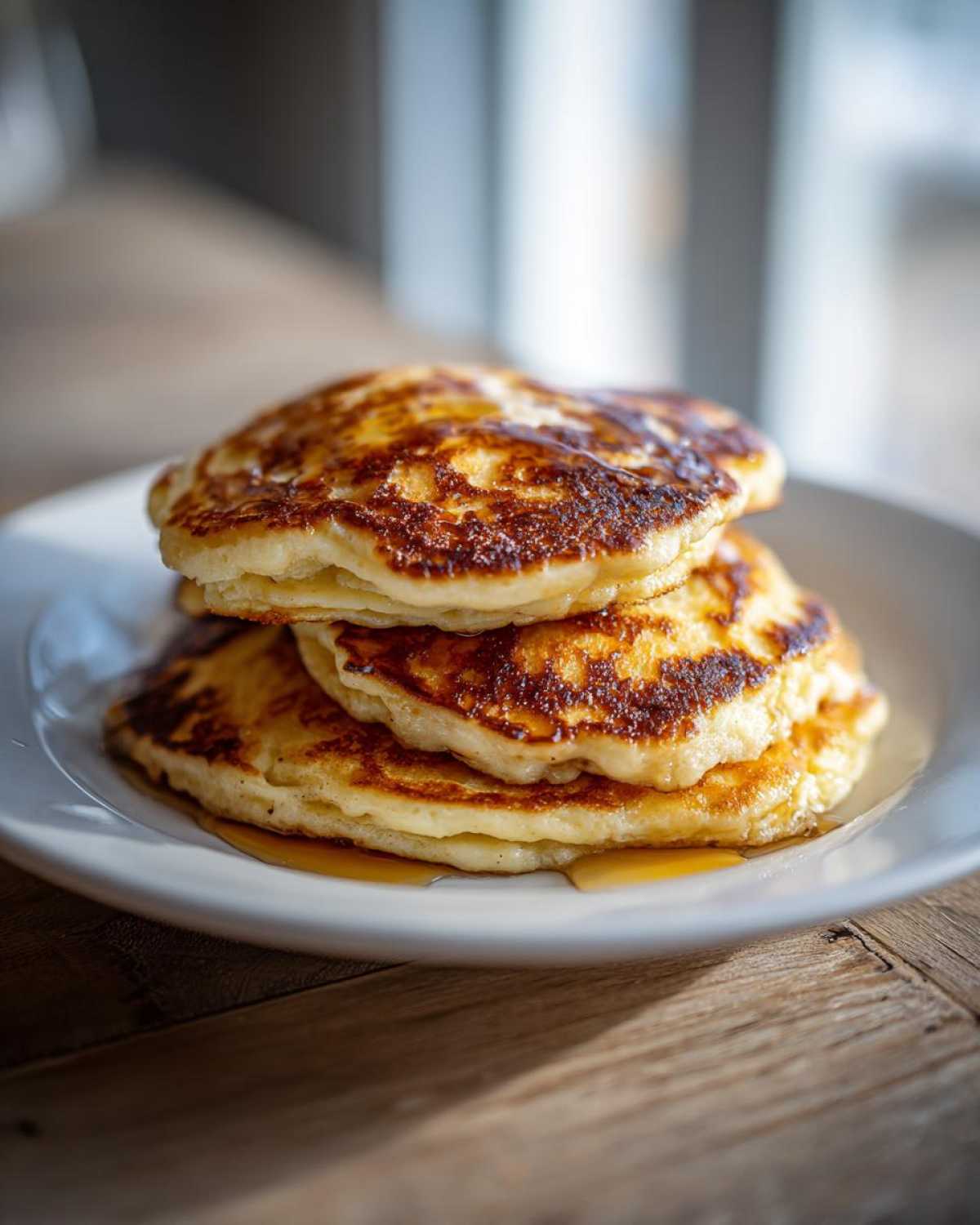 A close-up of three golden-brown discard pancakes stacked on a white plate with syrup pooling underneath.