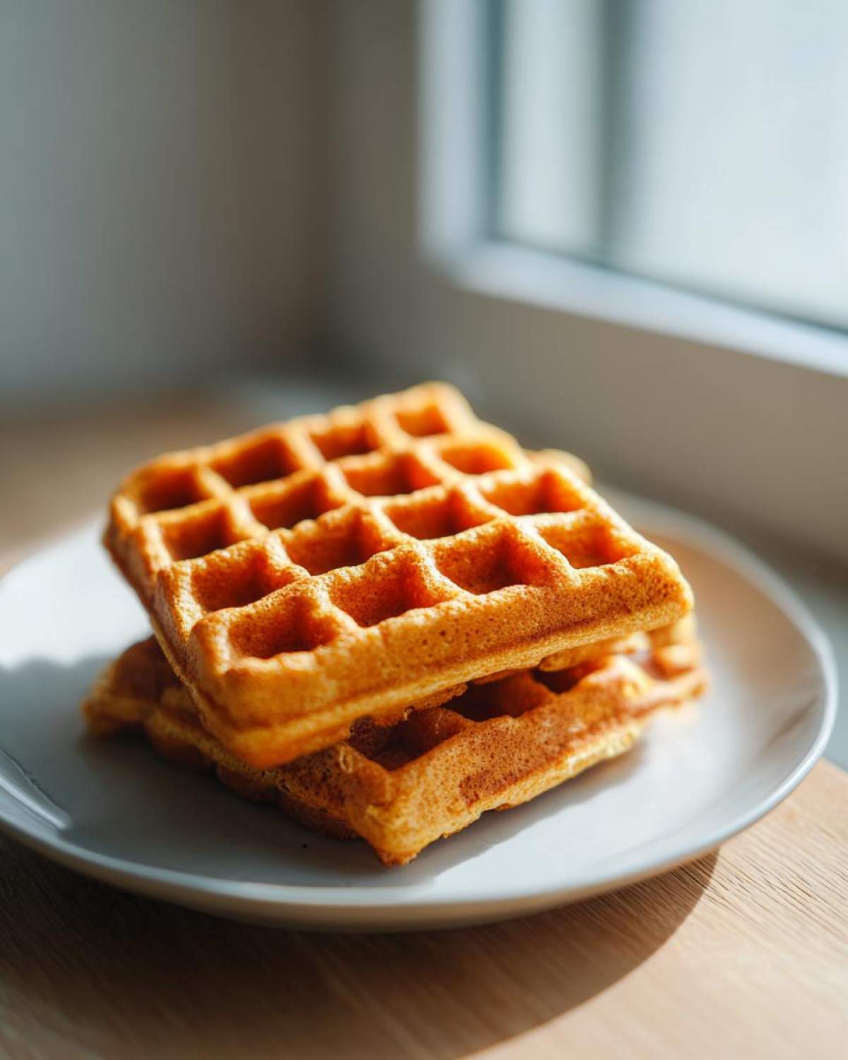 A stack of two golden brown, freshly made high protein waffles resting on a white plate near a window.