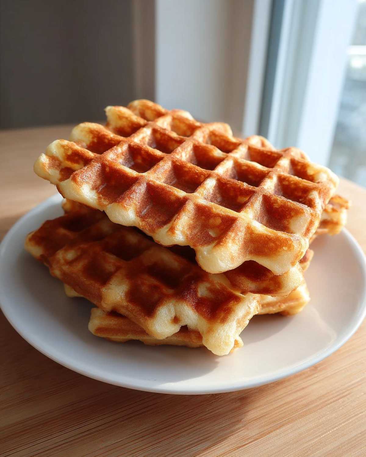 A stack of three golden-brown, freshly made high protein waffles resting on a white plate.