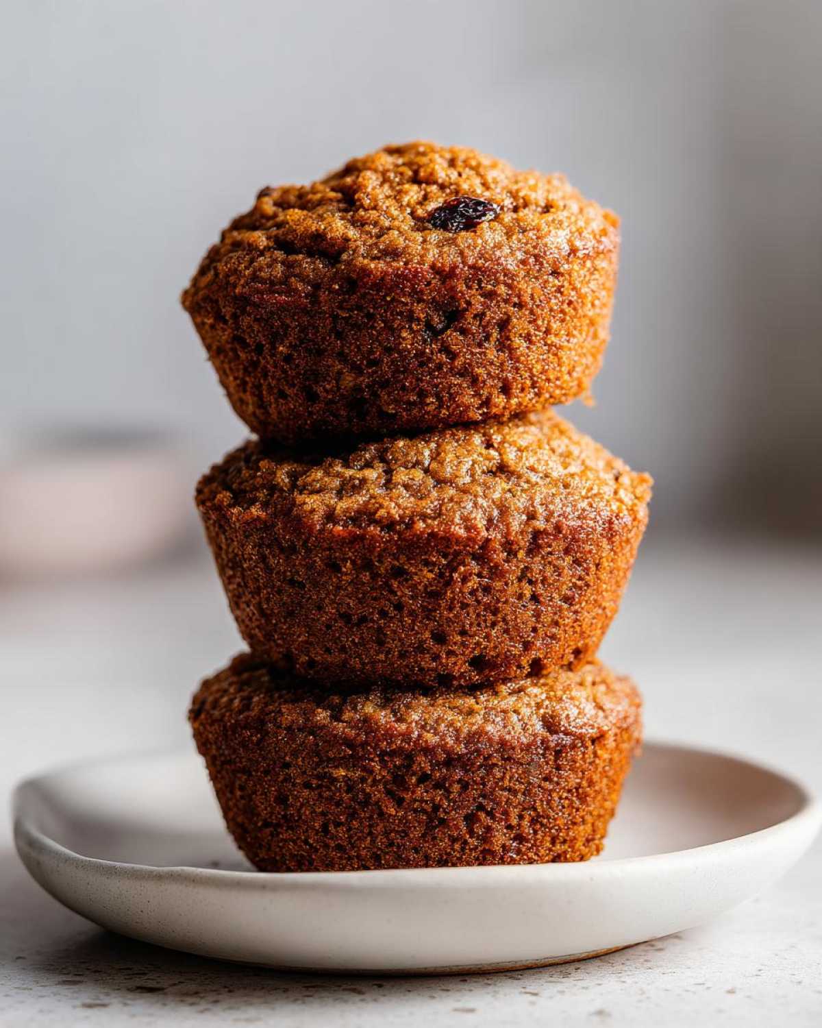 A stack of three moist, golden-brown honey bran muffins sitting on a small white plate.