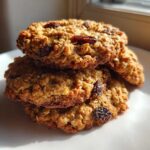A stack of three golden brown oatmeal raisin cookies featuring visible oats and plump raisins, set against a white plate.