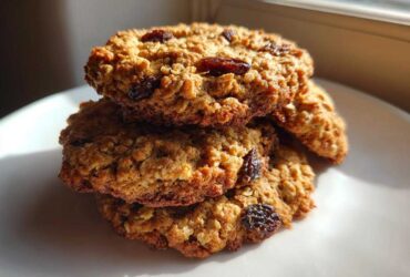 A stack of three golden brown oatmeal raisin cookies featuring visible oats and plump raisins, set against a white plate.
