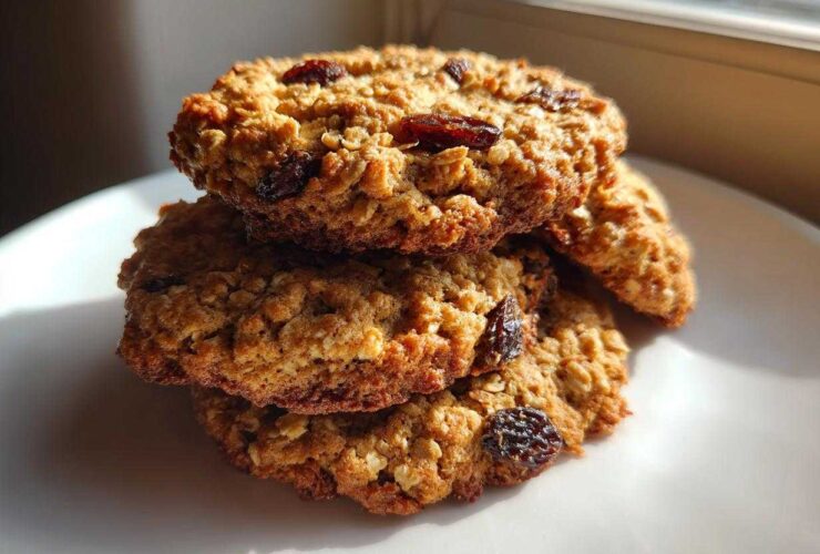 A stack of three golden brown oatmeal raisin cookies featuring visible oats and plump raisins, set against a white plate.
