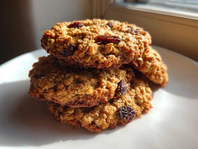 A stack of three golden brown oatmeal raisin cookies featuring visible oats and plump raisins, set against a white plate.