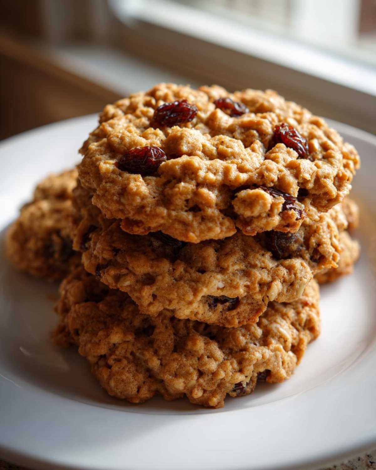 A stack of four freshly baked oatmeal raisin cookies piled high on a white plate near a window.
