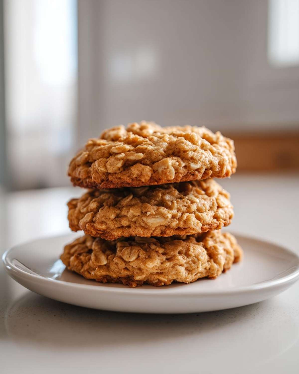 A stack of three perfectly baked, chewy oatmeal cookie treats on a small white plate.
