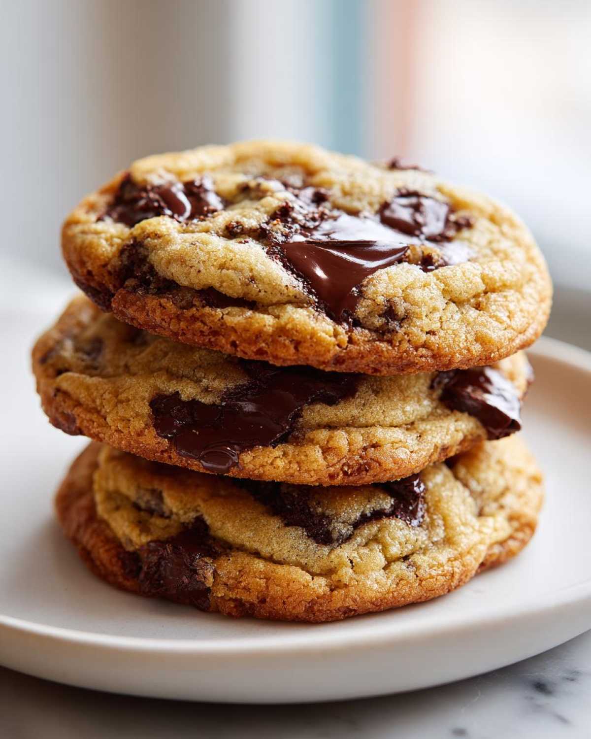 A stack of three perfectly baked vegan chocolate chip cookies with melted chocolate pools.