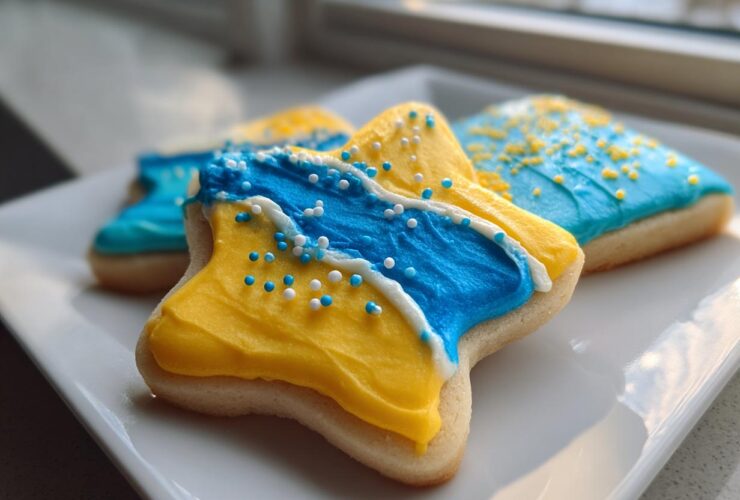 A star-shaped sugar cookie decorated with thick, bright yellow and blue sugar cookie icing and sprinkles.