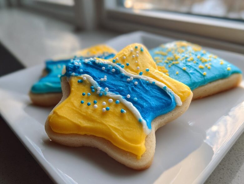A star-shaped sugar cookie decorated with thick, bright yellow and blue sugar cookie icing and sprinkles.