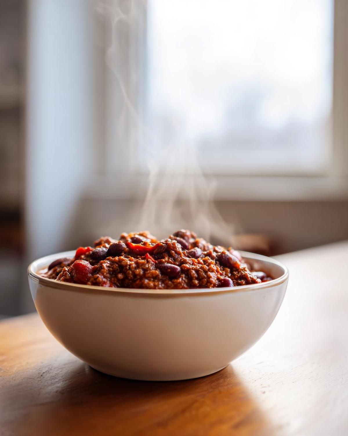 A steaming white bowl filled with rich, hearty best chili recipe featuring ground meat and kidney beans.