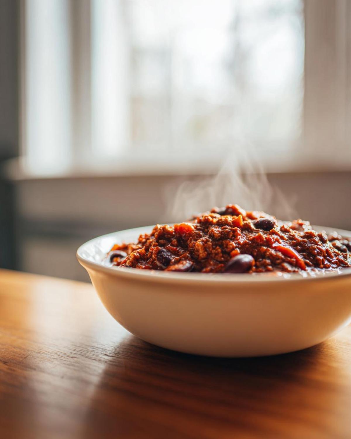 A steaming white bowl filled with rich, dark red chili, showcasing the best chili recipe, set on a wooden table.