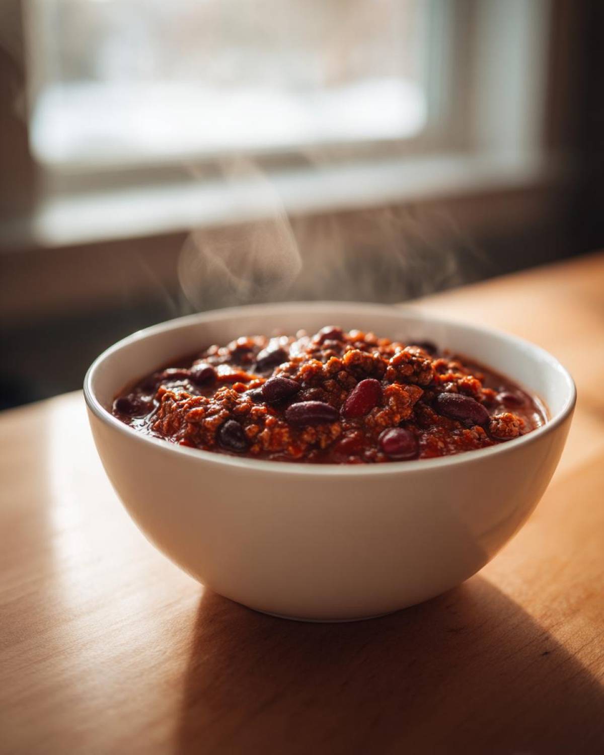 A close-up of a steaming white bowl filled with the best chili recipe, featuring ground meat and kidney beans, set on a wooden surface.