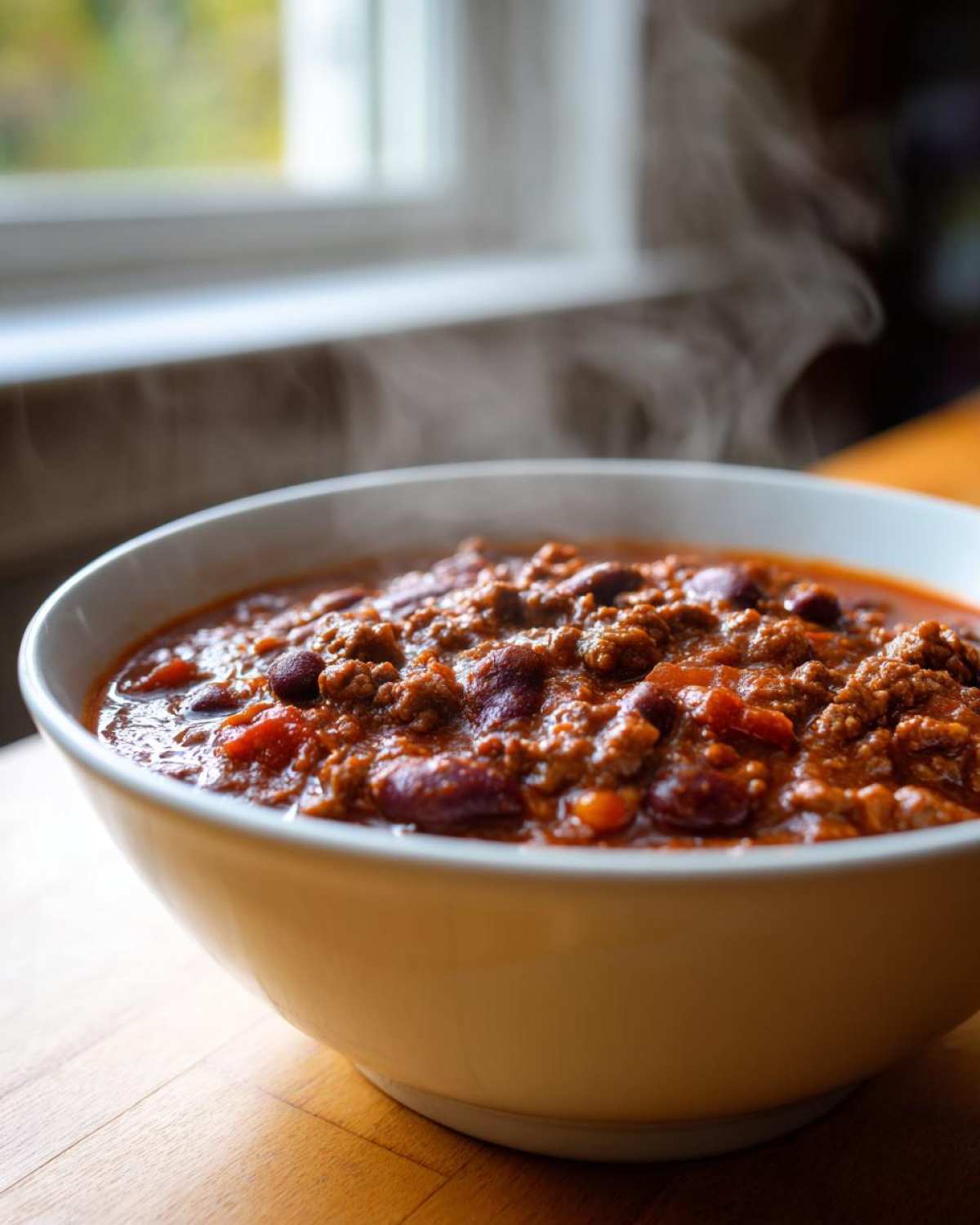 A close-up of a steaming bowl filled with rich, hearty chili, showcasing ground meat and kidney beans from the best chili recipe.