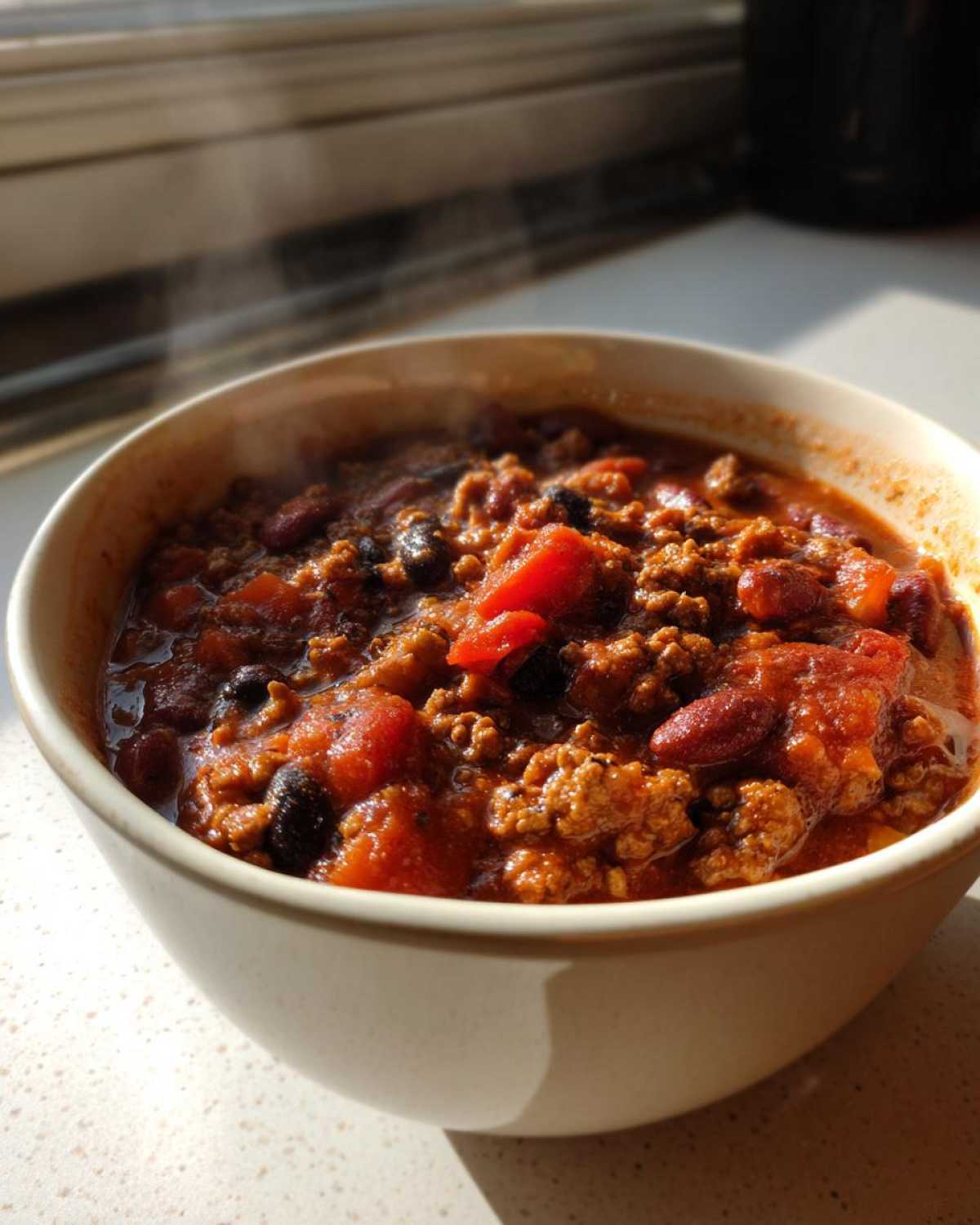 A steaming bowl of rich, hearty crockpot chili featuring ground meat, kidney beans, and tomatoes, set near a sunlit window.