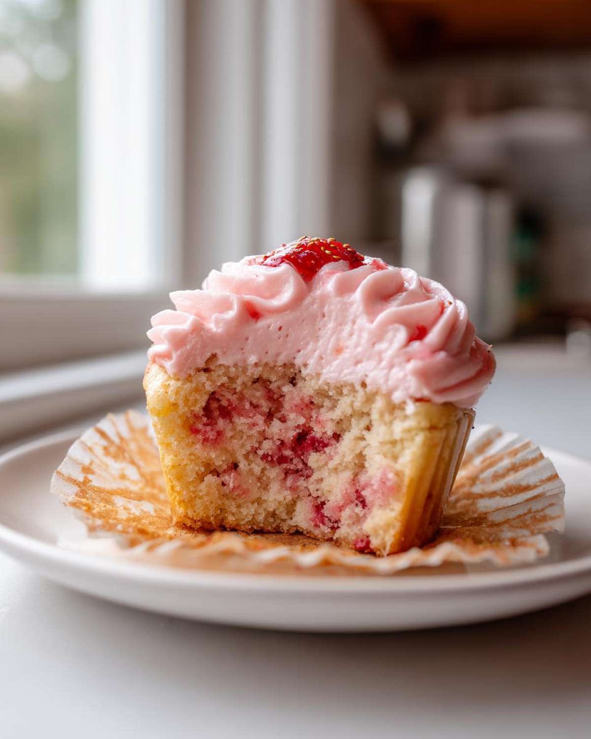 A strawberry cupcake cut in half showing the moist cake interior with strawberry pieces and pink frosting.