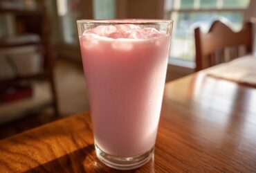A tall glass filled with pink strawberry milk and ice cubes sitting on a shiny wooden table.