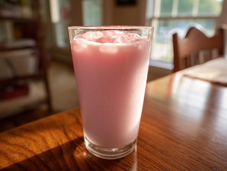 A tall glass filled with pink strawberry milk and ice cubes sitting on a shiny wooden table.