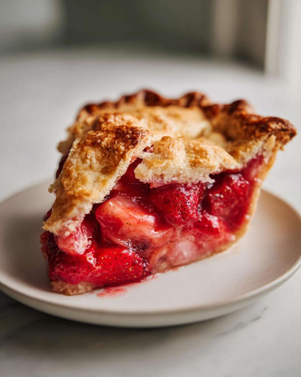 A close-up shot of a juicy slice of strawberry rhubarb pie with a flaky, golden crust on a white plate.