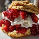 Close-up of a delicious strawberry shortcake featuring a split biscuit, macerated strawberries, and whipped cream.