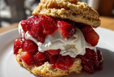 Close-up of a delicious strawberry shortcake featuring a split biscuit, macerated strawberries, and whipped cream.