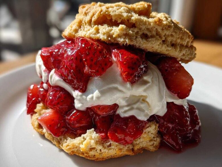 Close-up of a delicious strawberry shortcake featuring a split biscuit, macerated strawberries, and whipped cream.