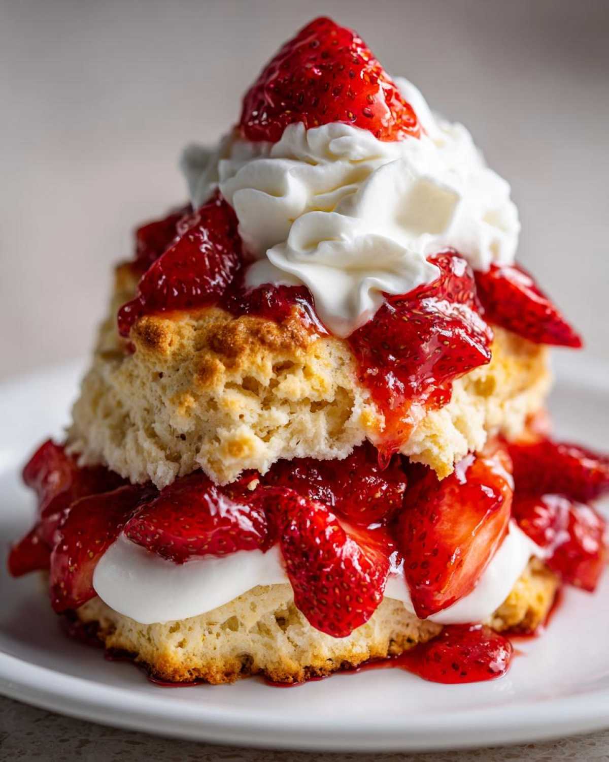 Close-up of a delicious strawberry shortcake with layers of biscuit, macerated strawberries, and whipped cream.