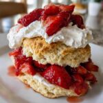 A delicious, layered strawberry shortcake featuring biscuits, macerated strawberries, and whipped cream.