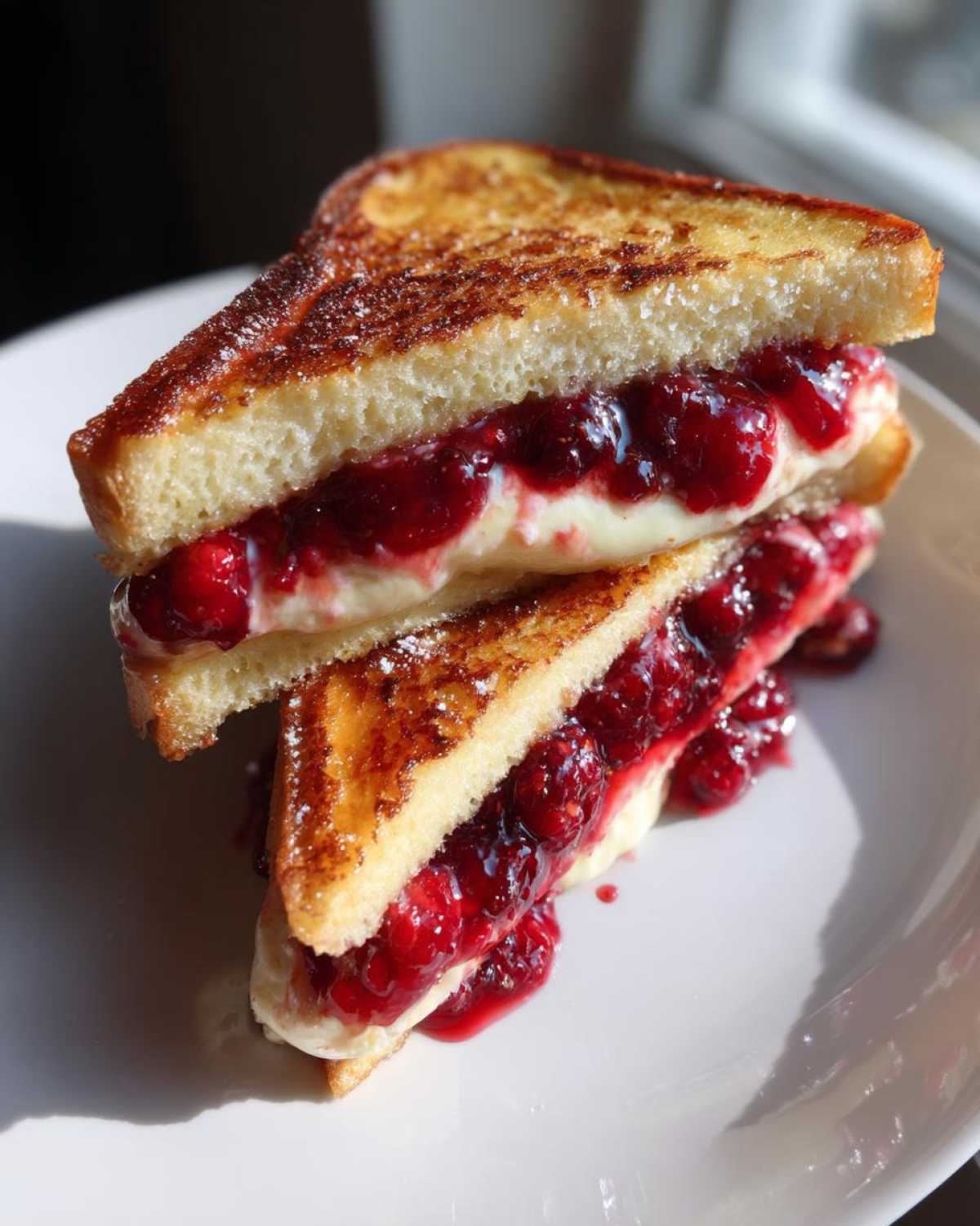 Close-up of two halves of stuffed french toast stacked, oozing with cream cheese and bright red berry filling.