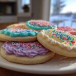 A close-up of colorful sugar cookies topped with piped icing and sprinkles, demonstrating sugar cookie icing that hardens.