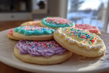 A close-up of colorful sugar cookies topped with piped icing and sprinkles, demonstrating sugar cookie icing that hardens.