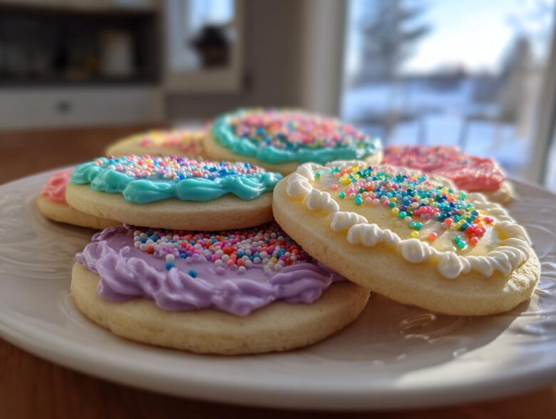 A close-up of colorful sugar cookies topped with piped icing and sprinkles, demonstrating sugar cookie icing that hardens.