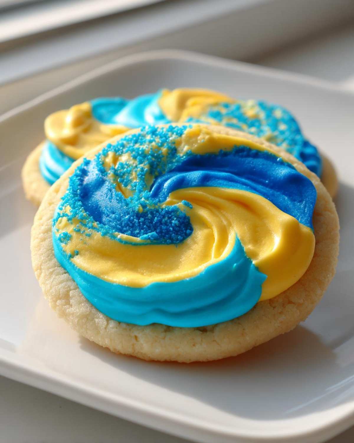 Close-up of a sugar cookie topped with vibrant blue and yellow swirled sugar cookie icing and blue sprinkles.