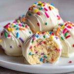 A close-up of several white chocolate-coated sugar cookie truffles, one of which has a bite taken out showing the colorful confetti interior.