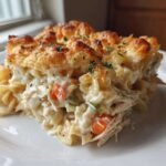 A generous serving of creamy chicken noodle casserole with a golden biscuit topping on a white plate.