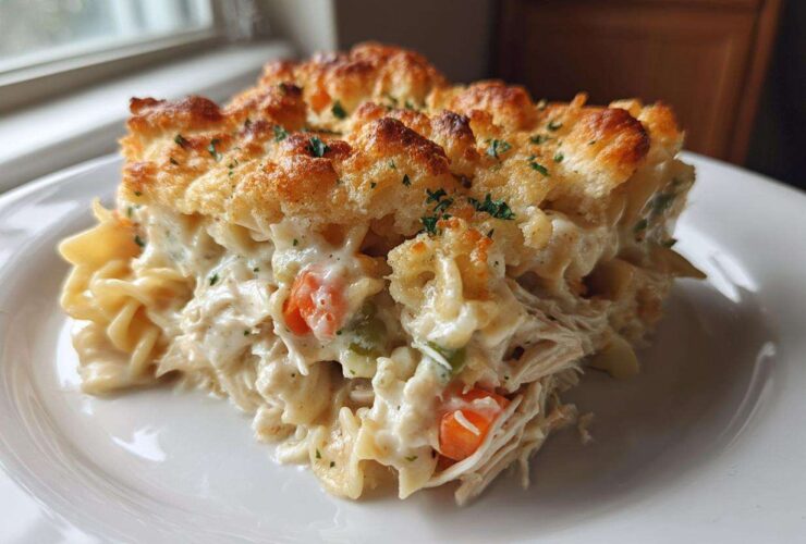 A generous serving of creamy chicken noodle casserole with a golden biscuit topping on a white plate.