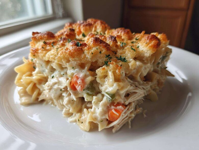 A generous serving of creamy chicken noodle casserole with a golden biscuit topping on a white plate.