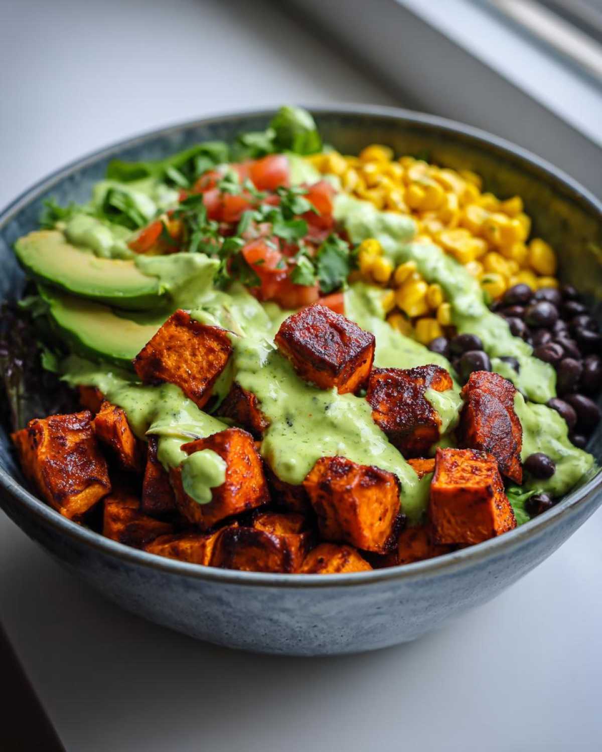 Close-up of a vibrant sweet potato taco bowl featuring roasted sweet potato cubes, black beans, corn, avocado, and green dressing.