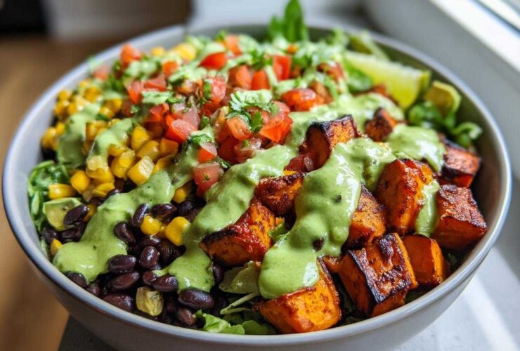 Close-up of a vibrant sweet potato taco bowl featuring roasted sweet potatoes, black beans, corn, pico de gallo, and a creamy green avocado dressing.