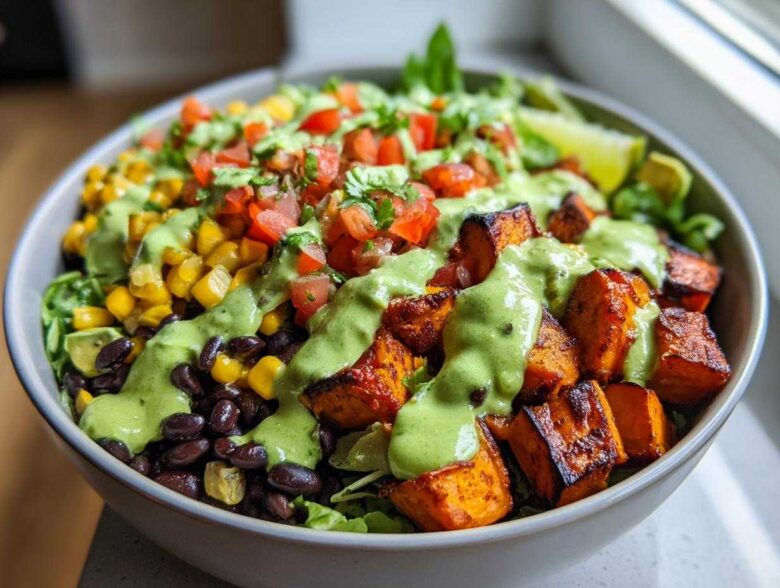 Close-up of a vibrant sweet potato taco bowl featuring roasted sweet potatoes, black beans, corn, pico de gallo, and a creamy green avocado dressing.
