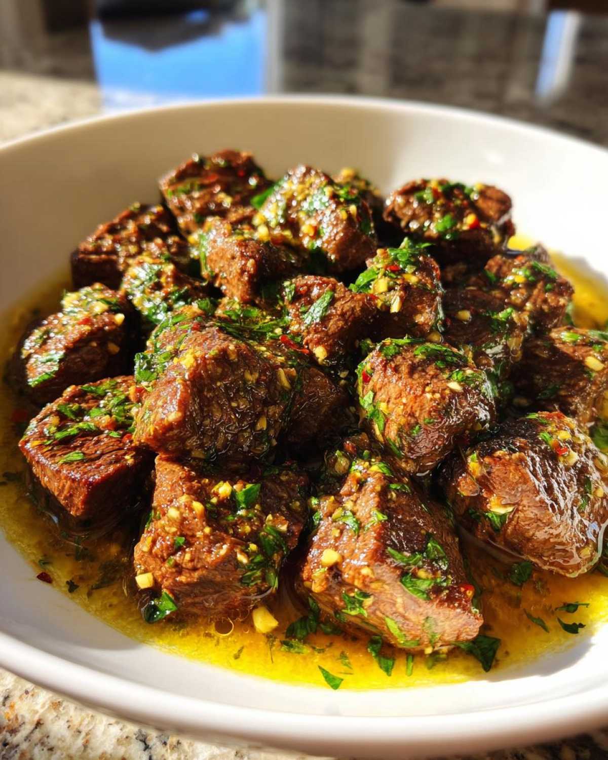 Close-up of tender crockpot steak bites coated in a bright, garlicky herb sauce.