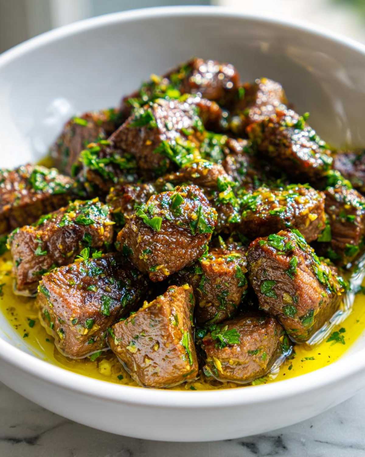 Close-up of tender crockpot steak bites coated in a bright yellow sauce and fresh green herbs.