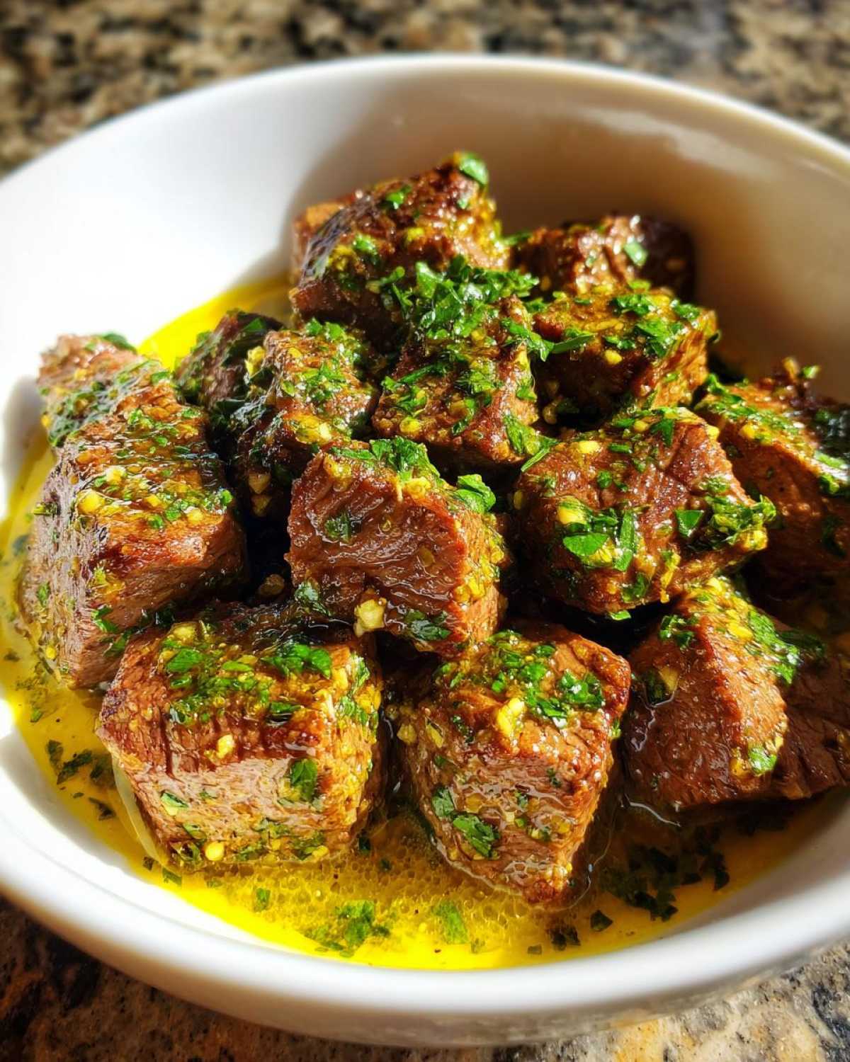 Close-up of tender, cubed crockpot steak pieces coated in a bright yellow herb and garlic butter sauce.