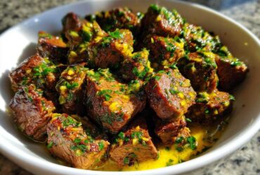 Close-up of tender crockpot steak cubes coated in a bright yellow, garlicky herb sauce.