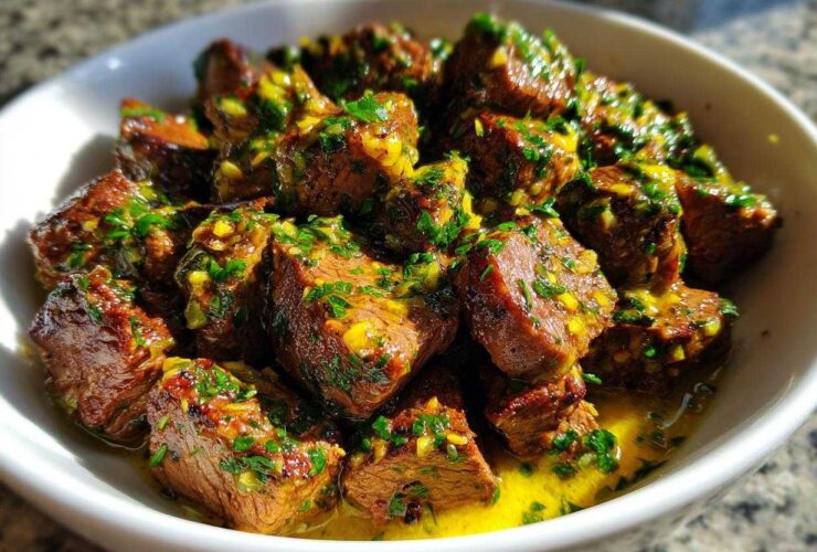 Close-up of tender crockpot steak cubes coated in a bright yellow, garlicky herb sauce.