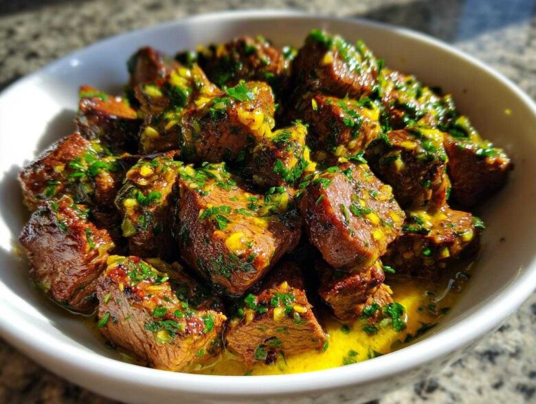Close-up of tender crockpot steak cubes coated in a bright yellow, garlicky herb sauce.
